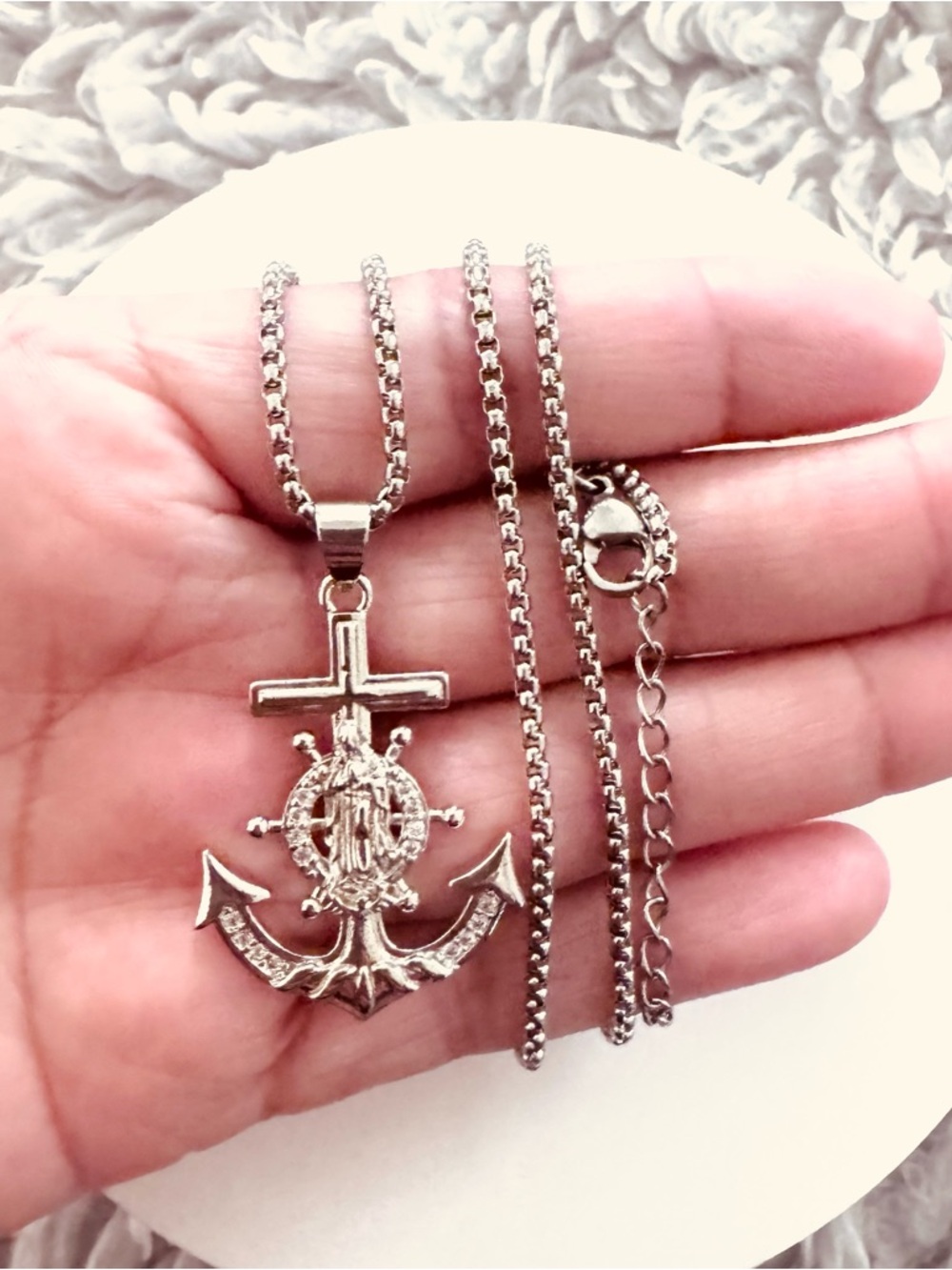 14K White Gold Plated Anchor Cross Pendant Necklace - Nautical Religious Charm.
